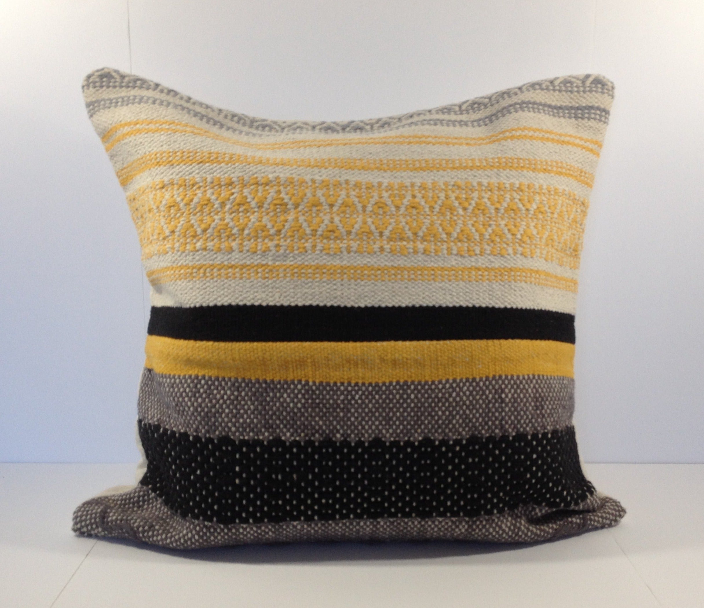 Cream Beige Natural Yellow Black Grey Woven Stripe Pillow Cover